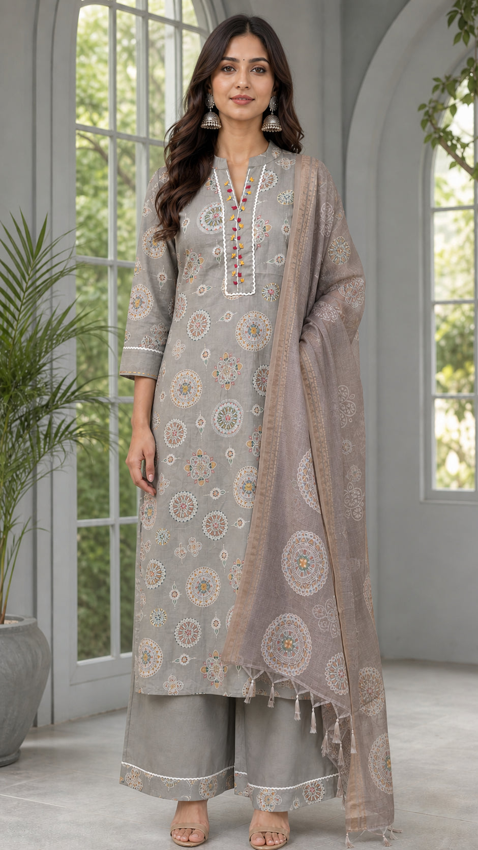 Peachmode Grey Viscose Ethnic Motif Salwar Suit - Image 2