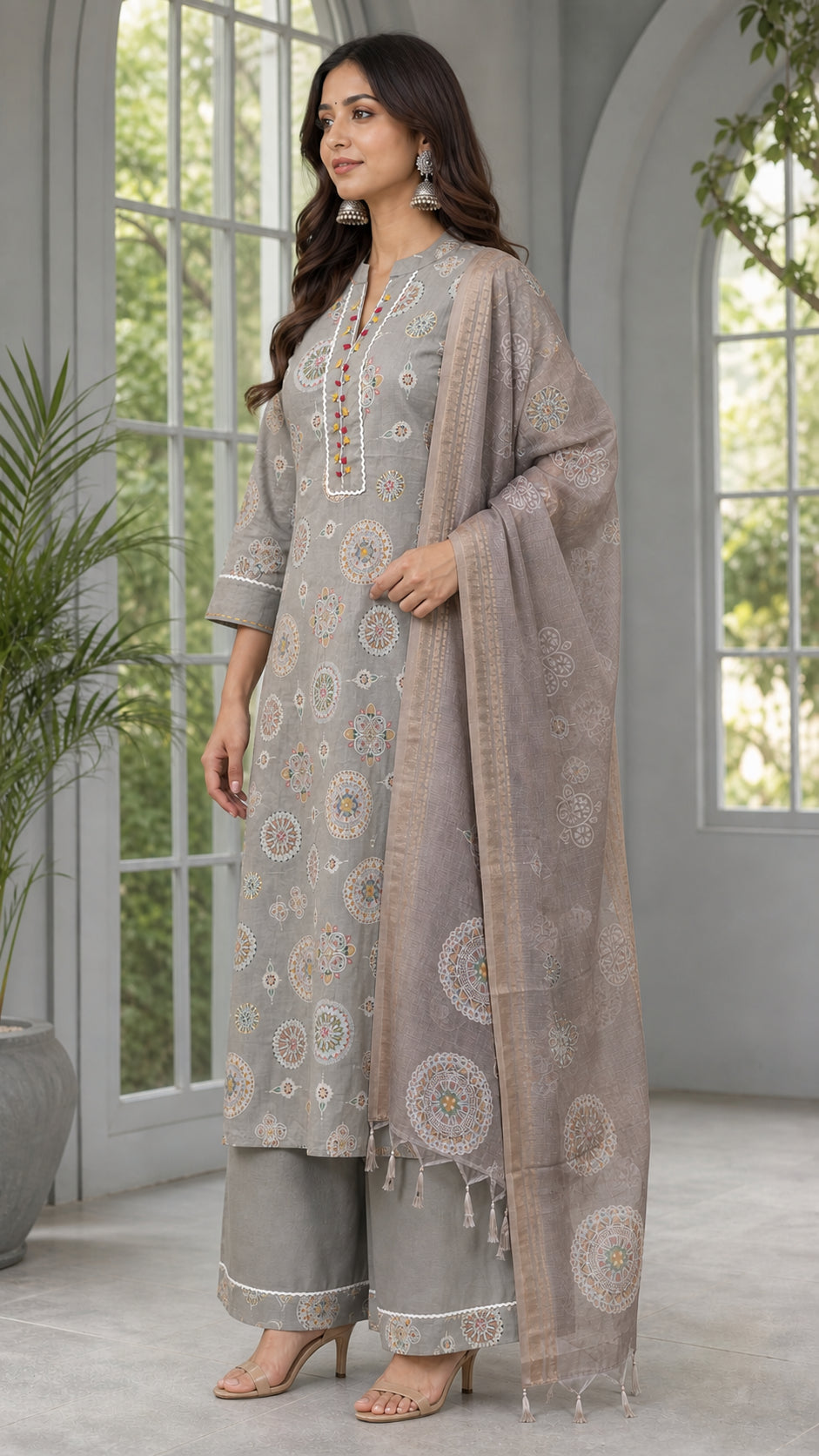Peachmode Grey Viscose Ethnic Motif Salwar Suit - Image 3