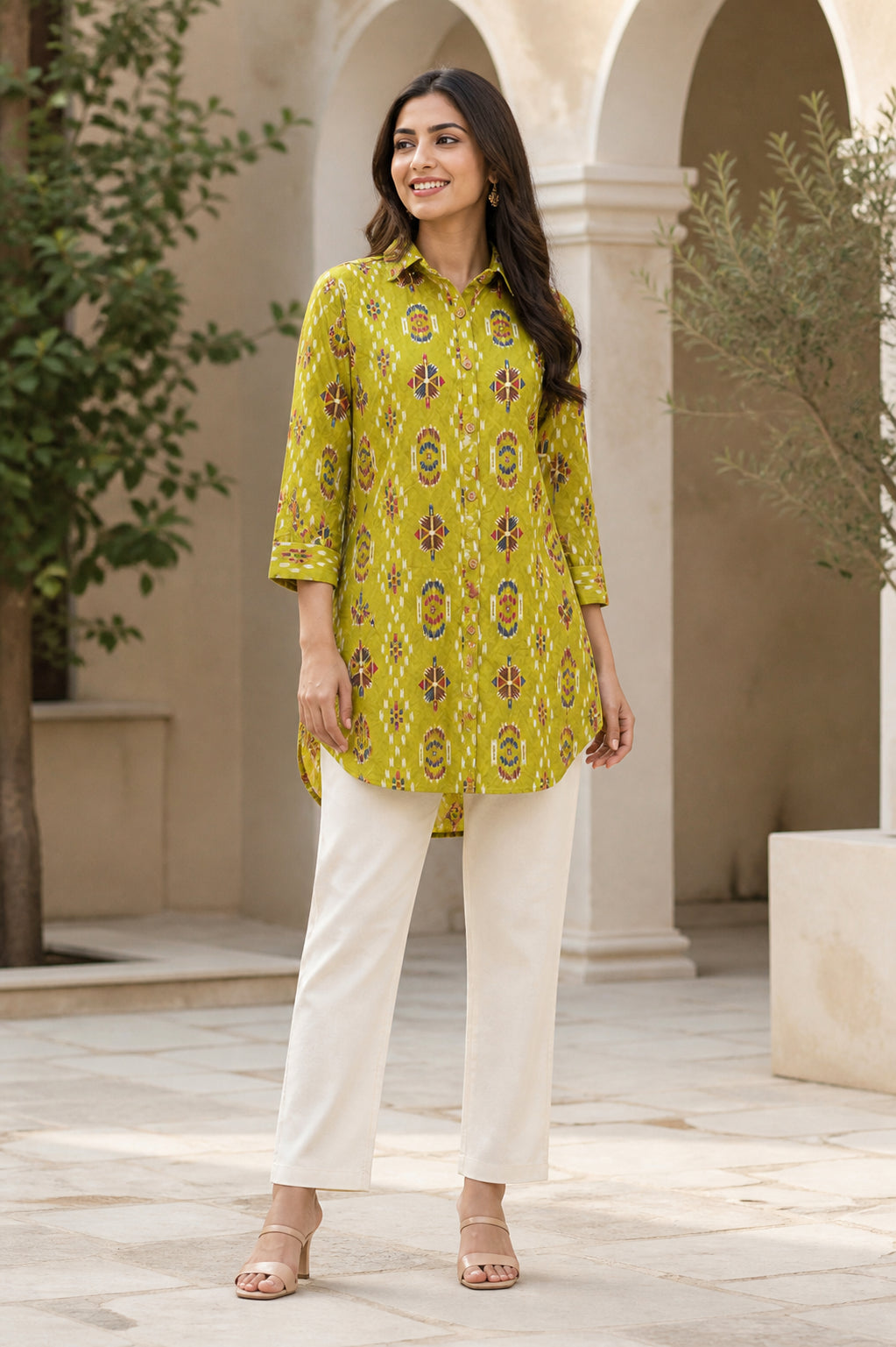 Peachmode Olive Rayon Ikat Printed Long Shirt - Image 1