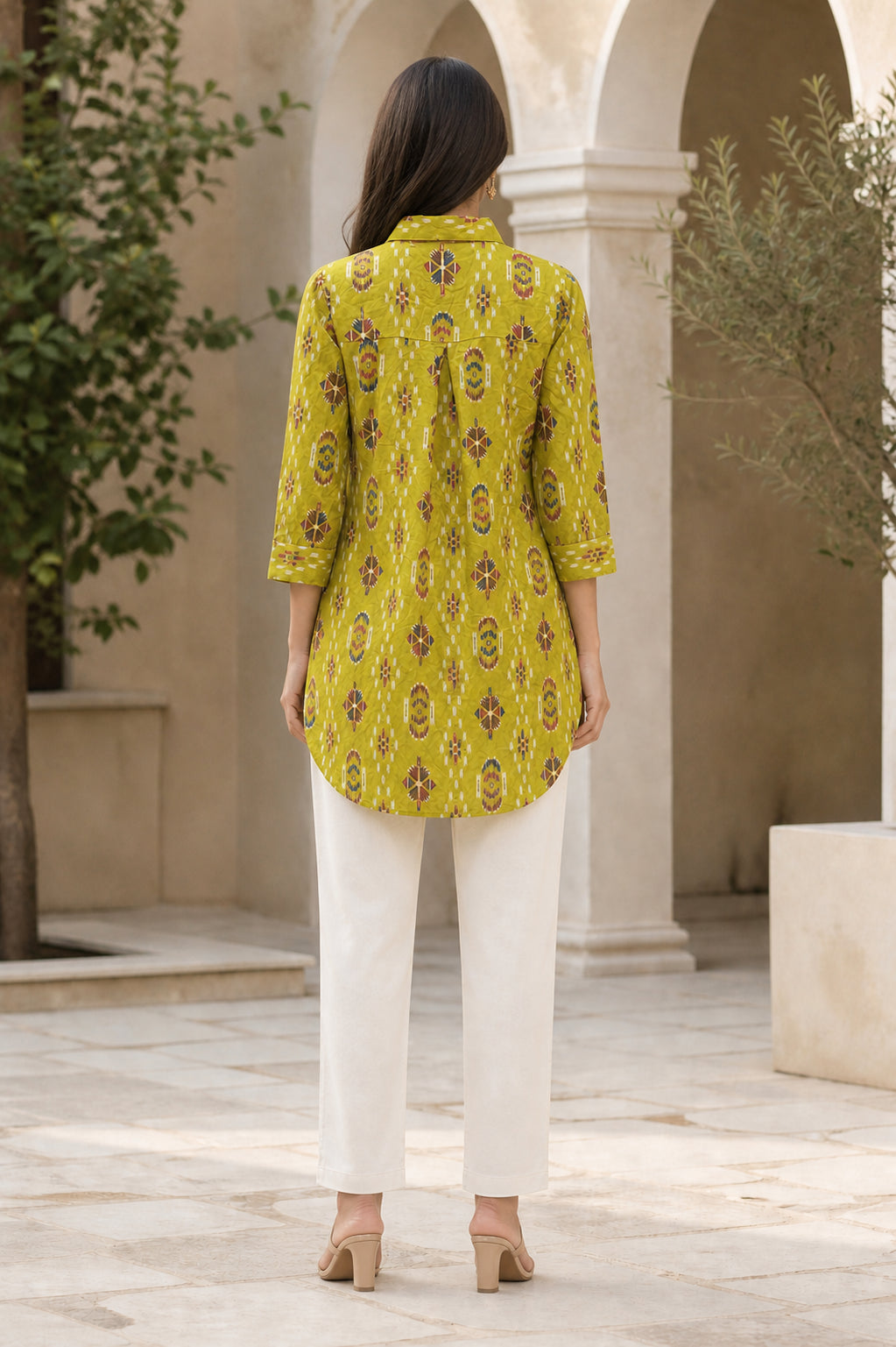 Peachmode Olive Rayon Ikat Printed Long Shirt - Image 4