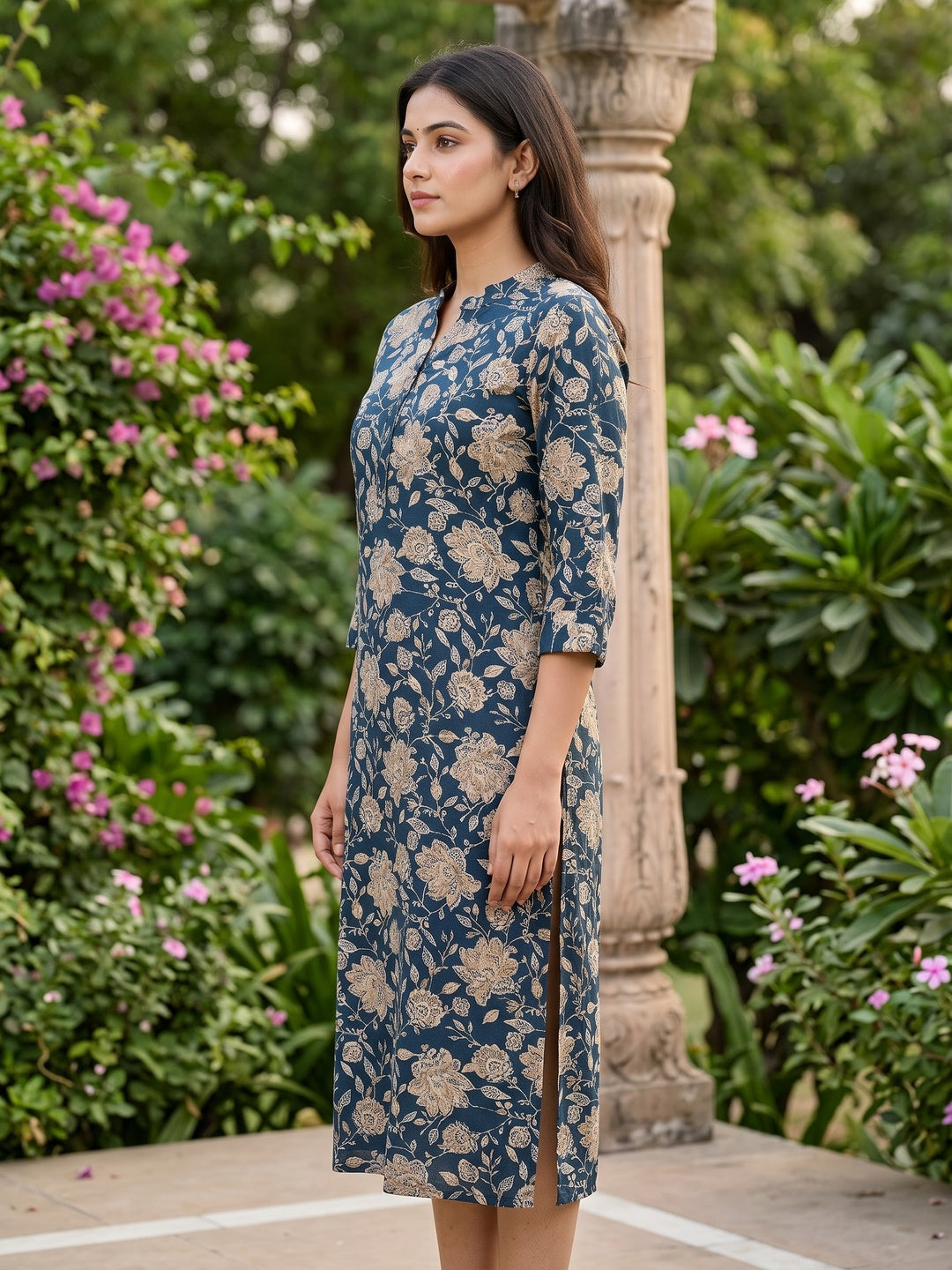 Navy Blue Floral Printed Viscose Straight-Fit Kurti for Office and Casual Wear - Image 2