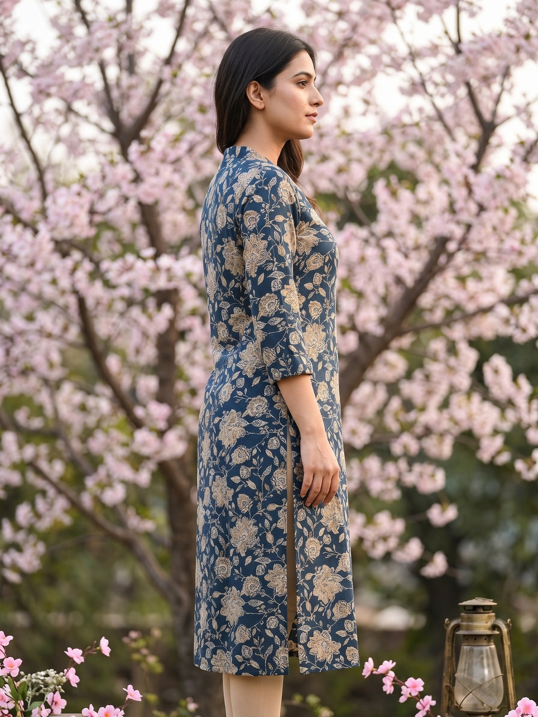 Navy Blue Floral Printed Viscose Straight-Fit Kurti for Office and Casual Wear - Image 3