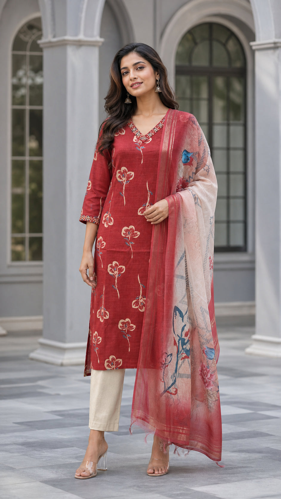 Peachmode Maroon Viscose Blend Floral Printed Salwar Suit - Image 1