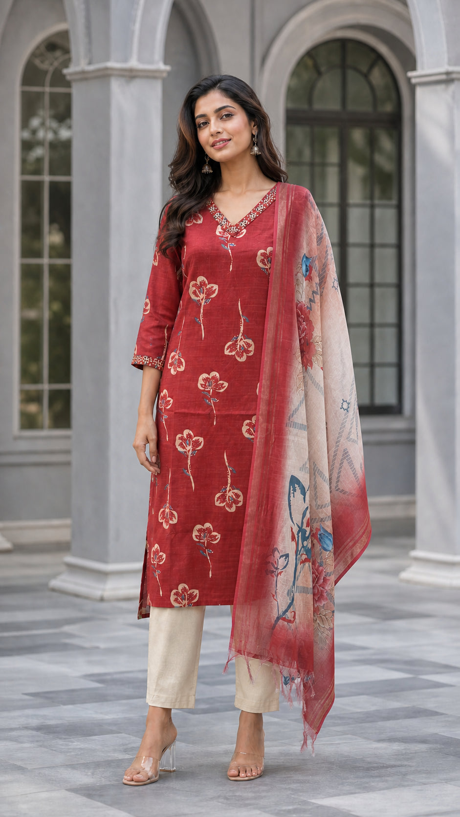 Peachmode Maroon Viscose Blend Floral Printed Salwar Suit - Image 2