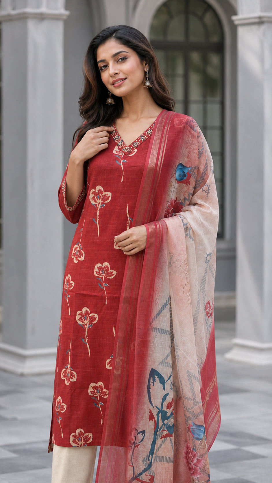 Peachmode Maroon Viscose Blend Floral Printed Salwar Suit - Image 5