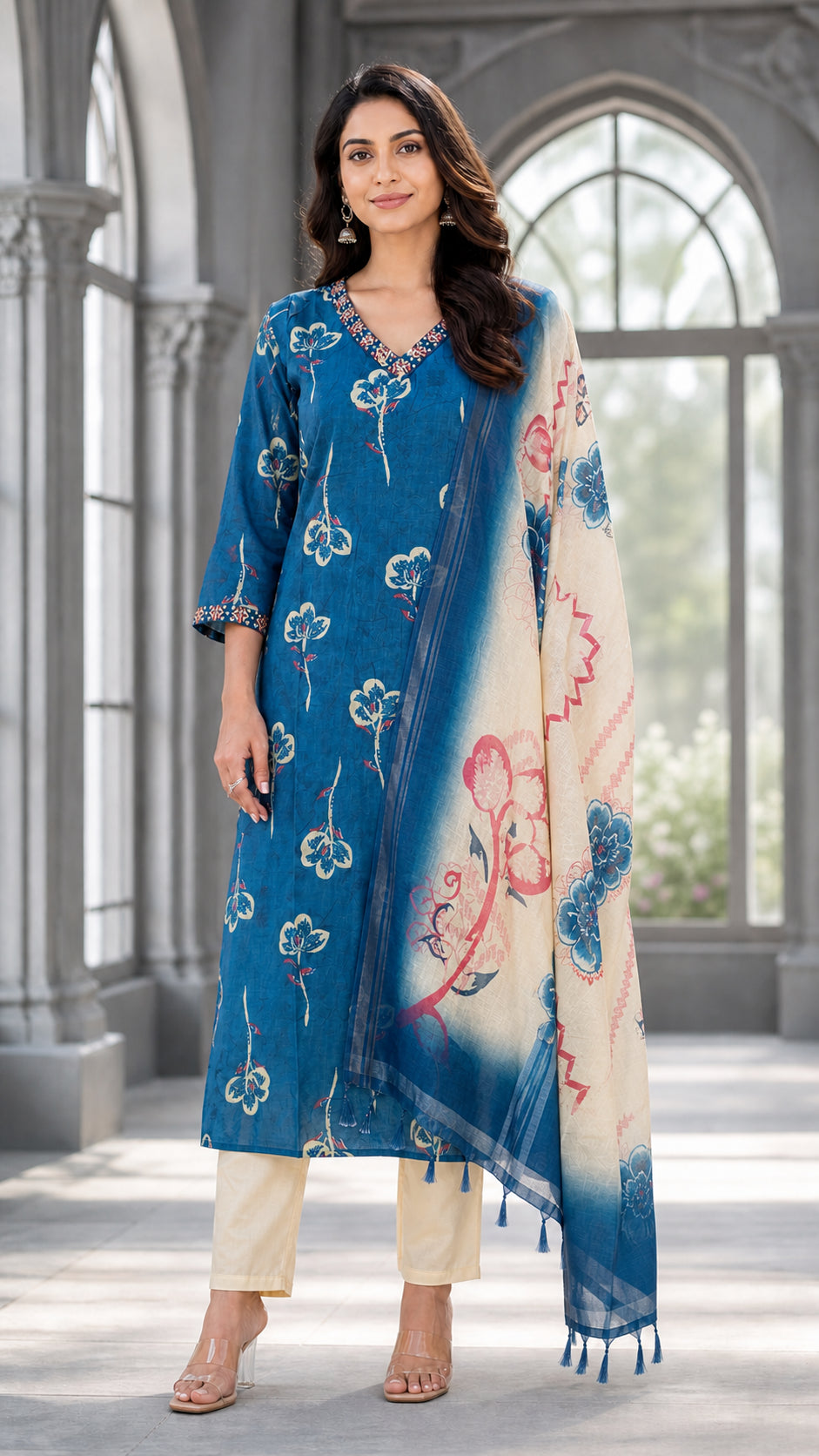 Peachmode Peacock Blue Viscose Blend Floral Printed Salwar Suit - Image 2