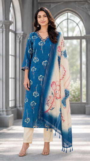 Peachmode Peacock Blue Viscose Blend Floral Printed Salwar Suit - Image 2