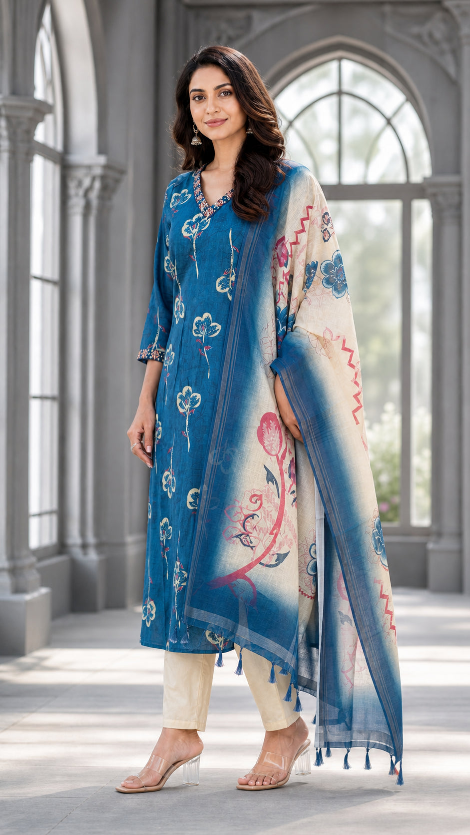 Peachmode Peacock Blue Viscose Blend Floral Printed Salwar Suit - Image 3