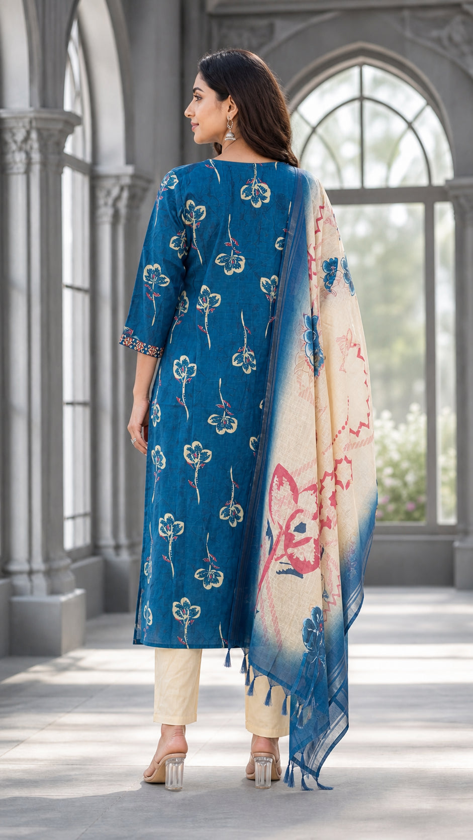 Peachmode Peacock Blue Viscose Blend Floral Printed Salwar Suit - Image 4