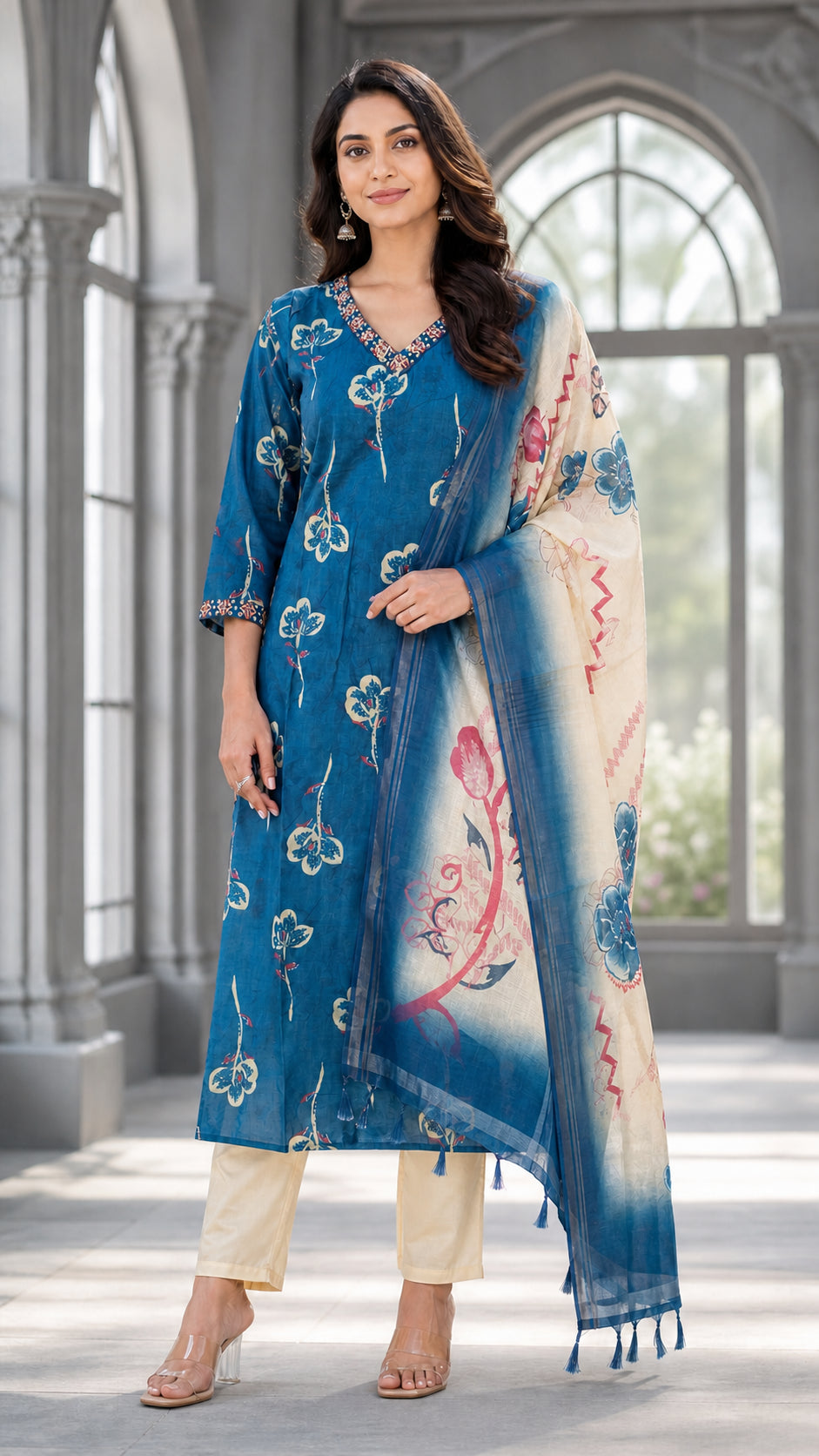 Peachmode Peacock Blue Viscose Blend Floral Printed Salwar Suit - Image 5