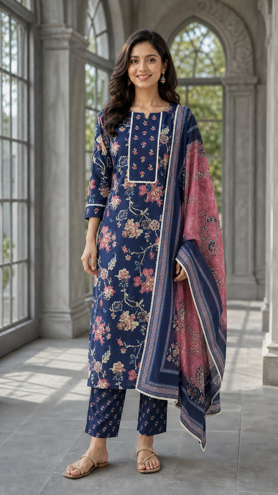 Peachmode Navy Blue Pure Cotton Floral Printed Salwar Suit - Image 2
