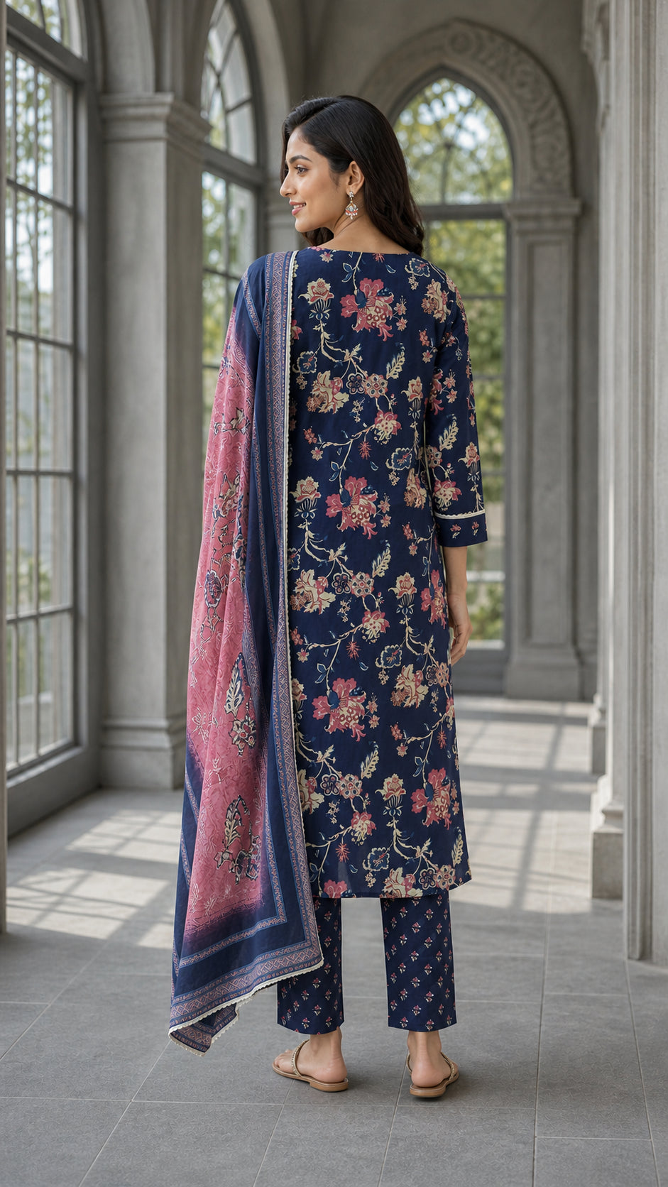 Peachmode Navy Blue Pure Cotton Floral Printed Salwar Suit - Image 4