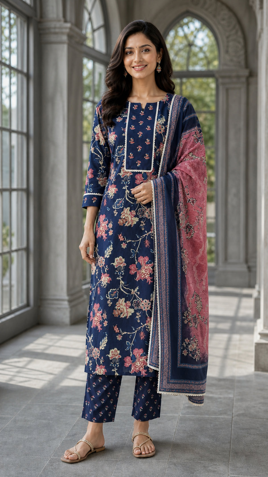 Peachmode Navy Blue Pure Cotton Floral Printed Salwar Suit - Image 5
