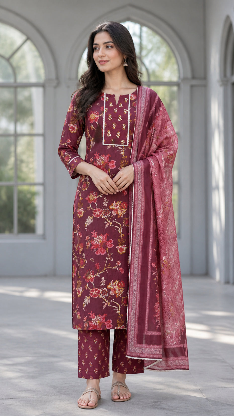 Peachmode Wine Pure Cotton Floral Printed Salwar Suit - Image 1