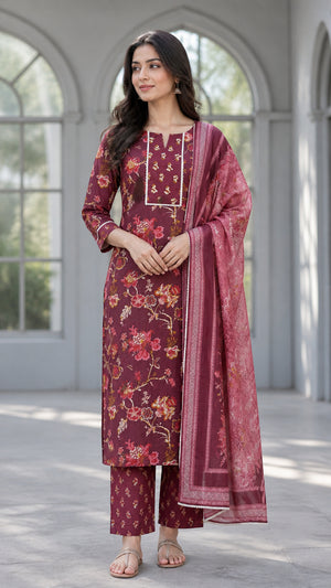 Peachmode Wine Pure Cotton Floral Printed Salwar Suit - Image 1
