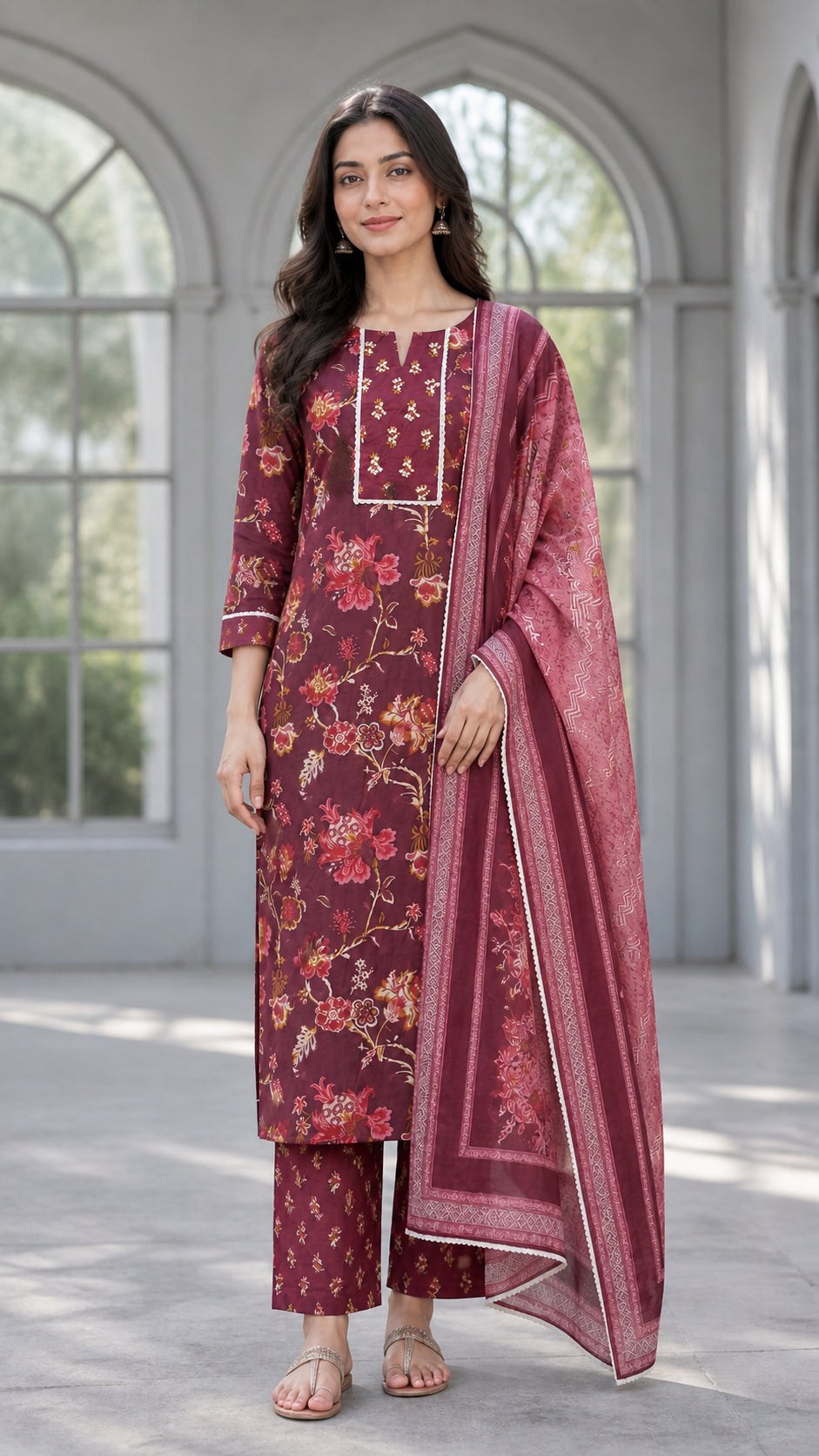 Peachmode Wine Pure Cotton Floral Printed Salwar Suit - Image 2