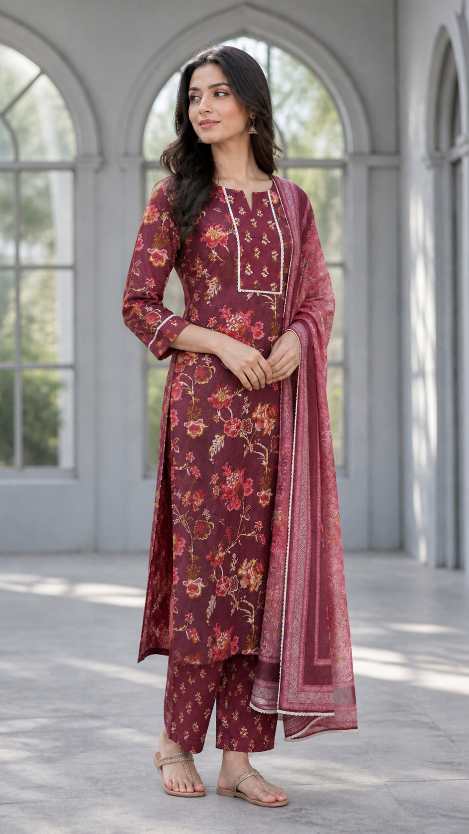 Peachmode Wine Pure Cotton Floral Printed Salwar Suit - Image 3