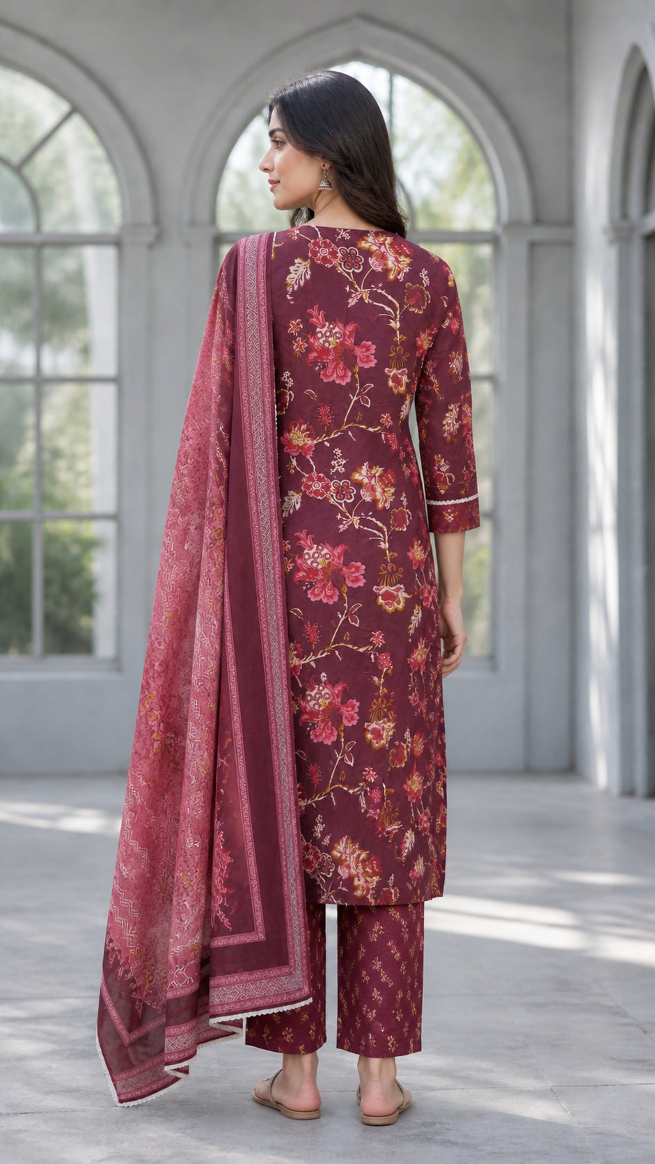 Peachmode Wine Pure Cotton Floral Printed Salwar Suit - Image 4