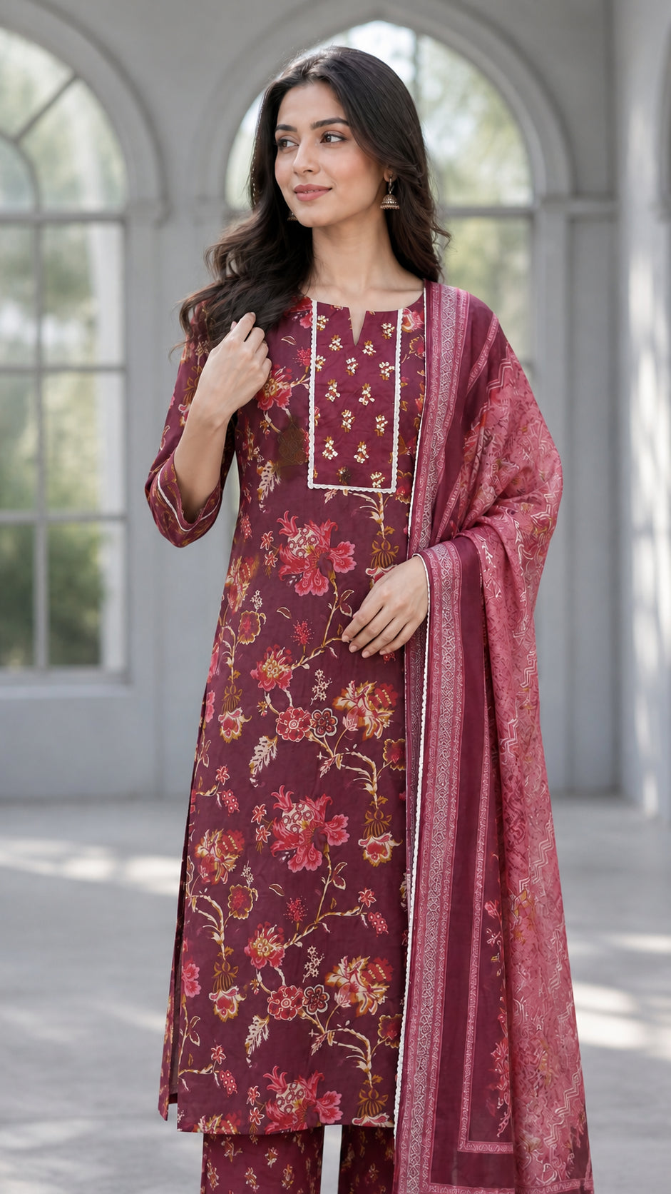 Peachmode Wine Pure Cotton Floral Printed Salwar Suit - Image 5