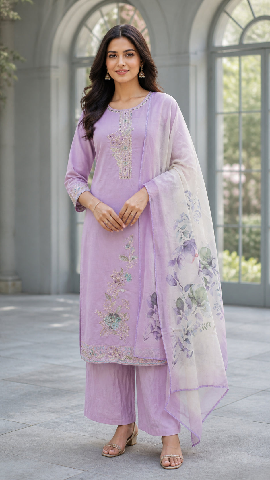 Peachmode Lavender Silk Blend Floral Embroidered Salwar Suit - Image 1
