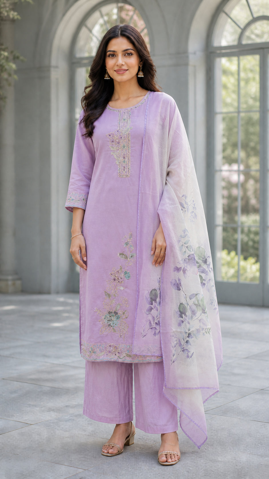 Peachmode Lavender Silk Blend Floral Embroidered Salwar Suit - Image 2