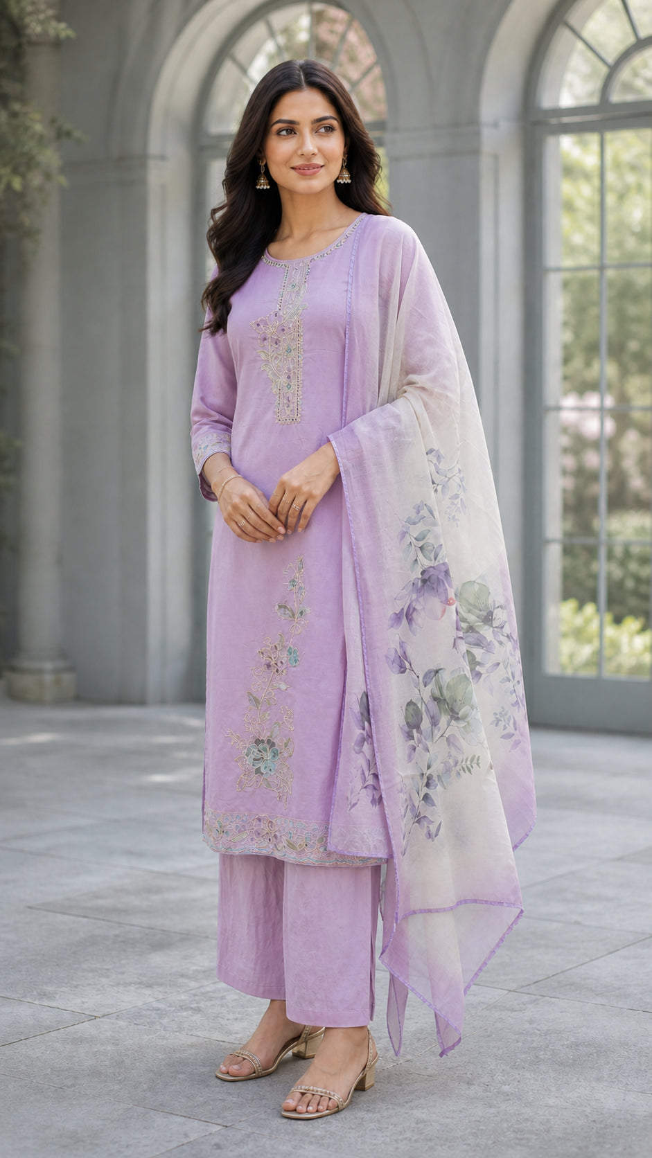Peachmode Lavender Silk Blend Floral Embroidered Salwar Suit - Image 3