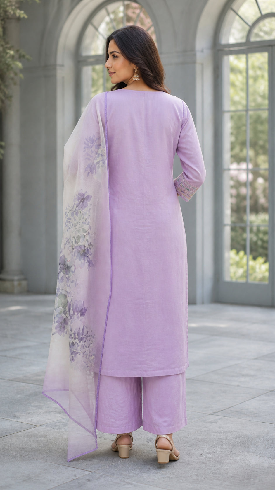 Peachmode Lavender Silk Blend Floral Embroidered Salwar Suit - Image 4