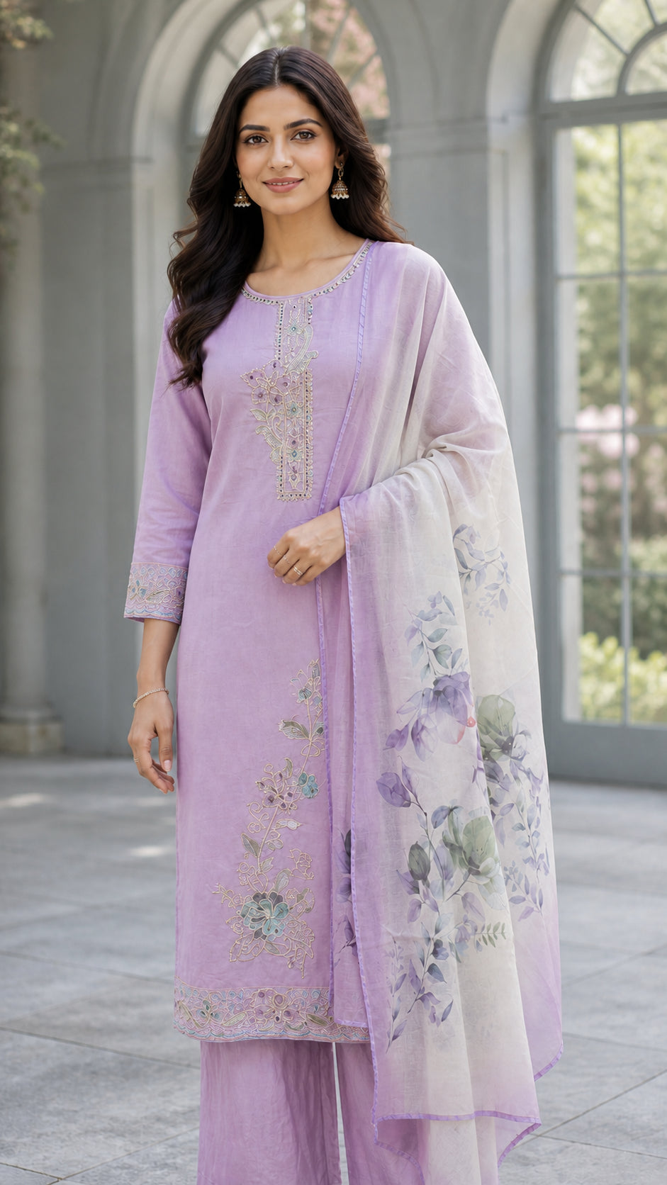 Peachmode Lavender Silk Blend Floral Embroidered Salwar Suit - Image 5