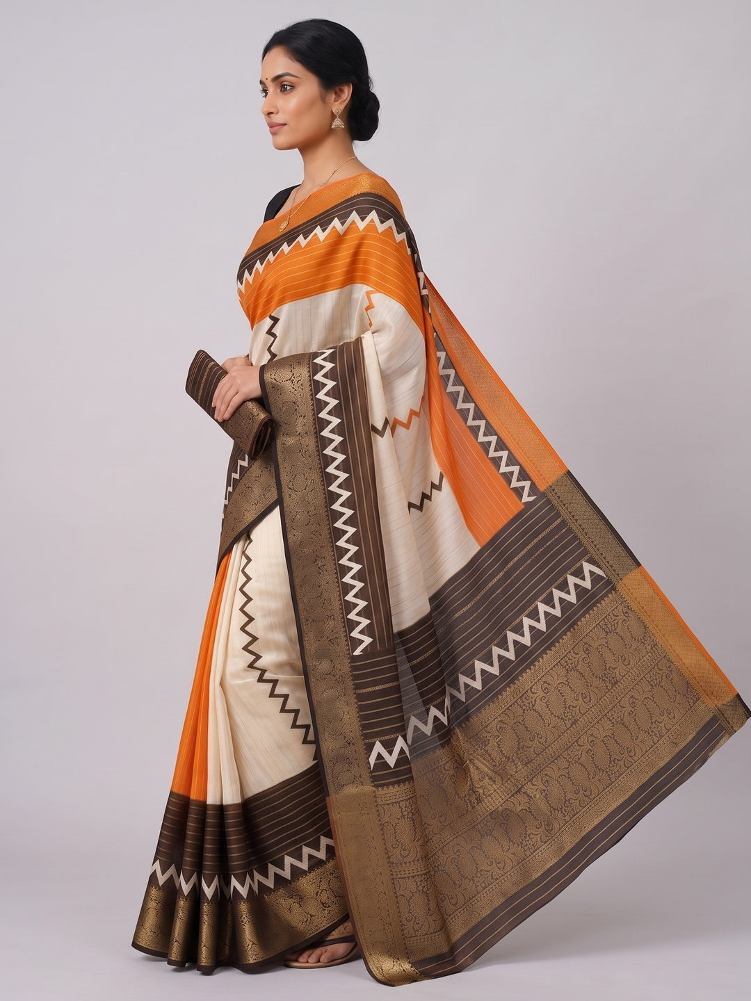 Elegant Brown & Orange Striped Weaving Georgette Saree Enhanced With Zig Zag Print Work - Image 6