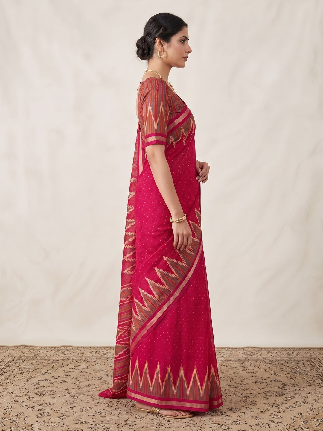 Classic Pink Ikkat Printed Mulmul Cotton Saree With Elegant Zari Weaving Border - Image 5