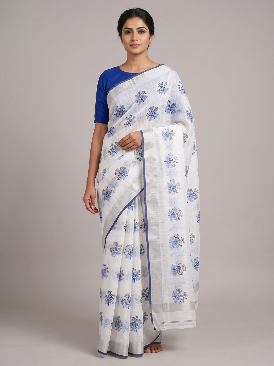 White & Blue Floral Printed Linen Saree - Image 1