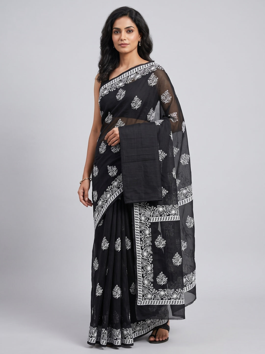 Black Floral Embroidered Kota Doria Saree - Image 1