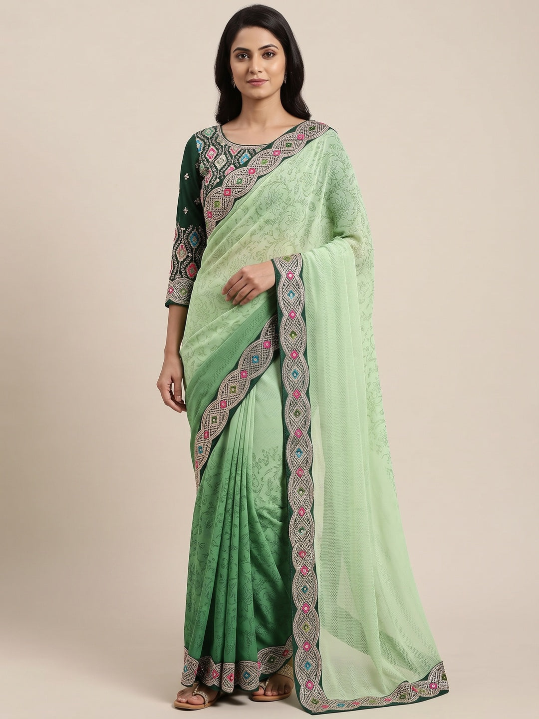 Green Floral Printed Georgette Saree - Image 1