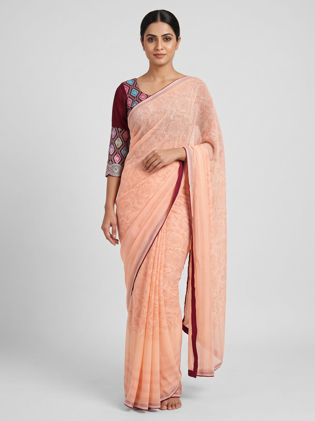 Light Peach Floral Printed Georgette Saree - Image 1