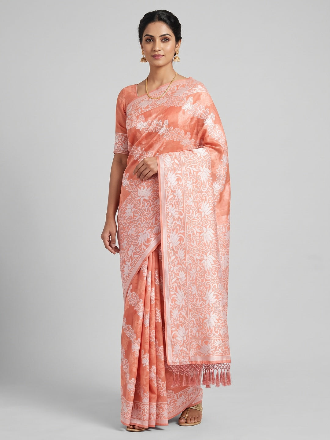 Peach Floral Woven Banarasi Silk Saree With Tassels - Image 1