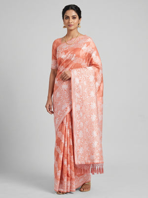 Peach Floral Woven Banarasi Silk Saree With Tassels - Image 1
