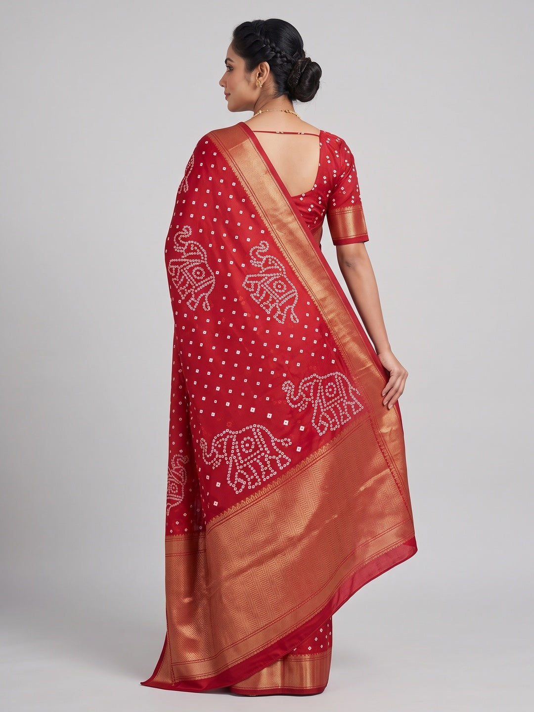 Red Dola Silk Saree Featuring Traditional Bandhani Print & Elegant Weaving Border - Image 3