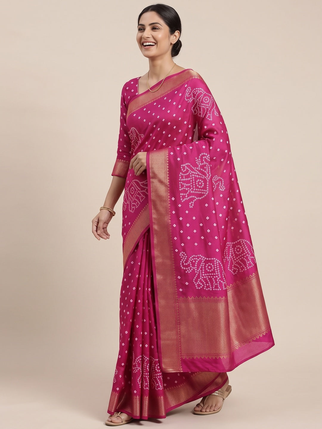 Pink Dola Silk Saree Featuring Traditional Bandhani Print & Elegant Weaving Border - Image 4