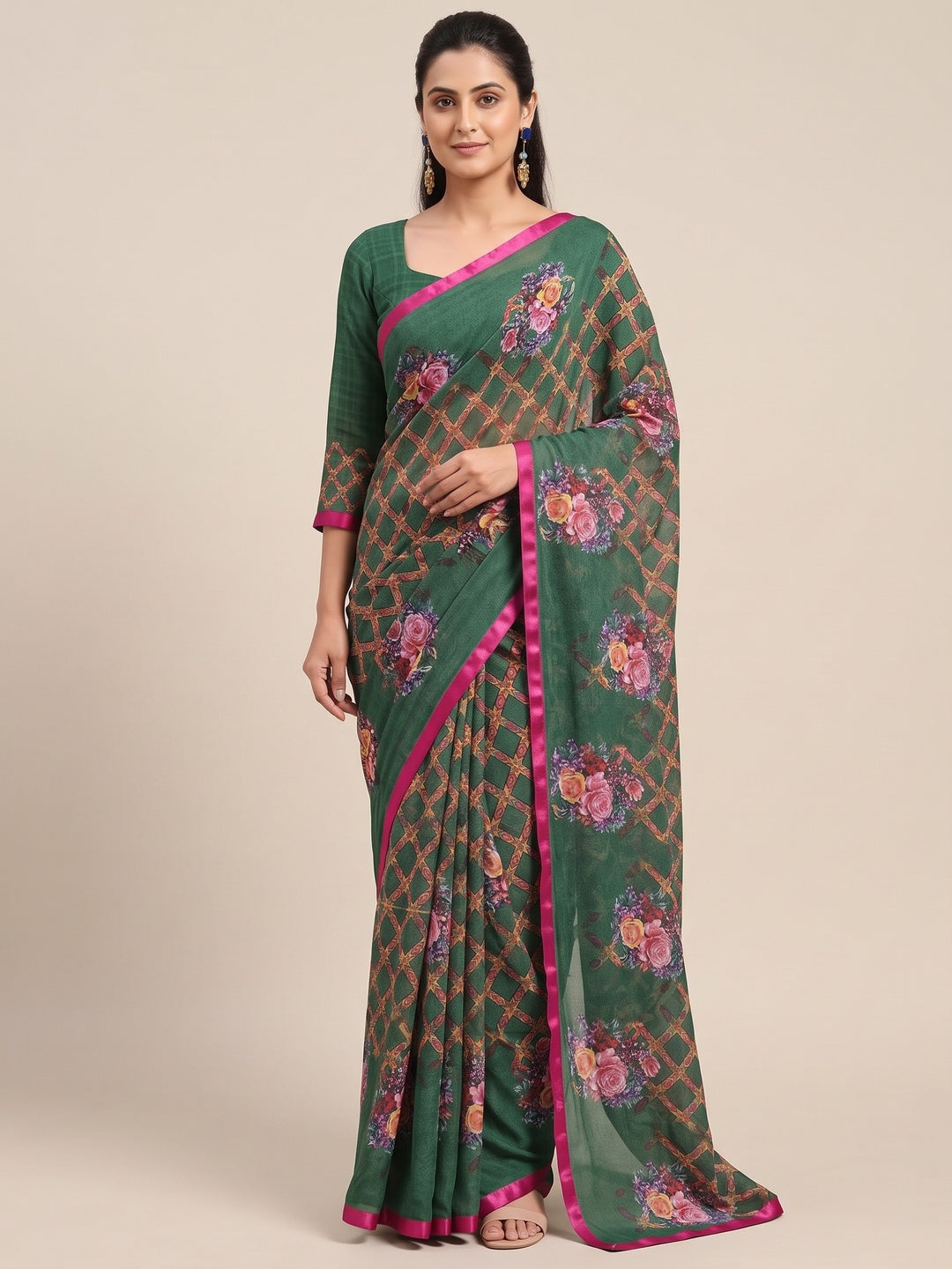 Green Printed Georgette Saree - Image 2