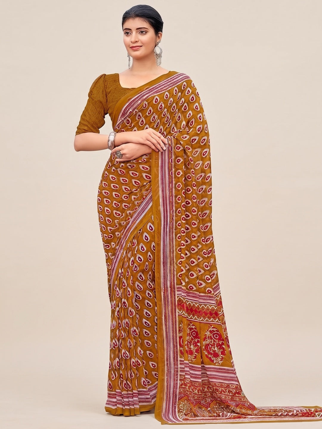 Mustard Printed Georgette Saree - Image 2