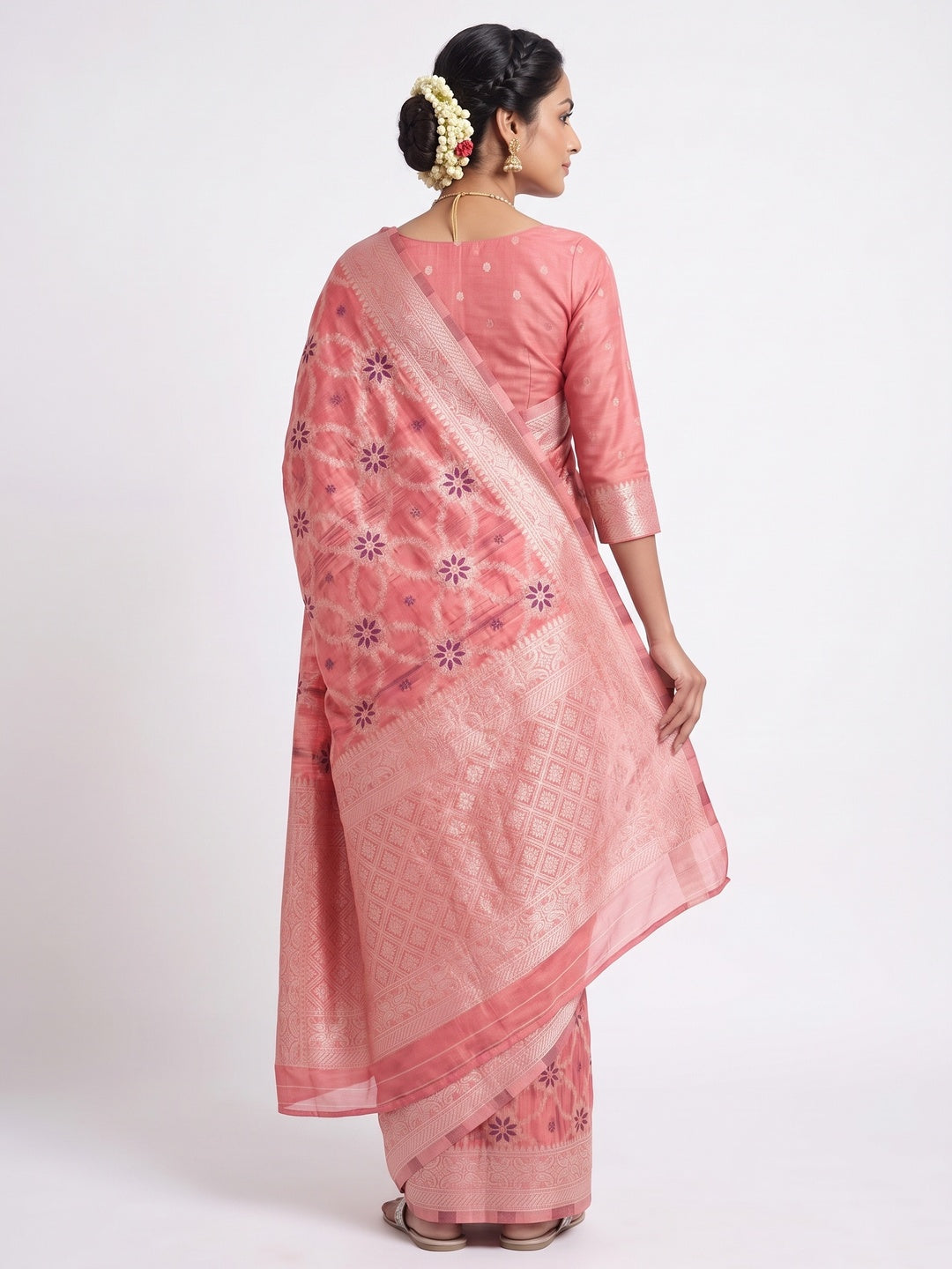 Rich Gajri Pink Saree in Banarasi Silk with Heritage Floral Zari Design - Image 2