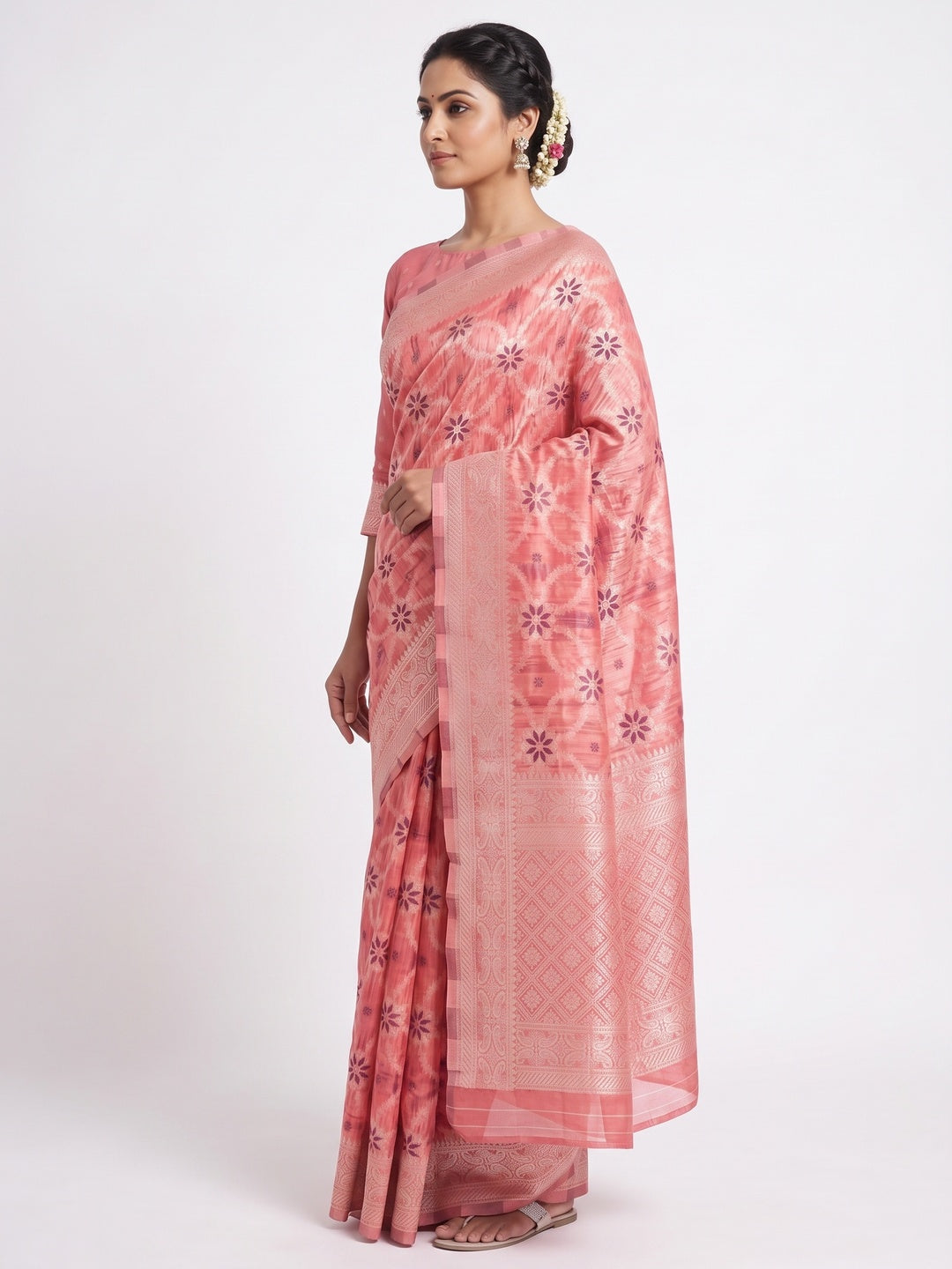 Rich Gajri Pink Saree in Banarasi Silk with Heritage Floral Zari Design - Image 3