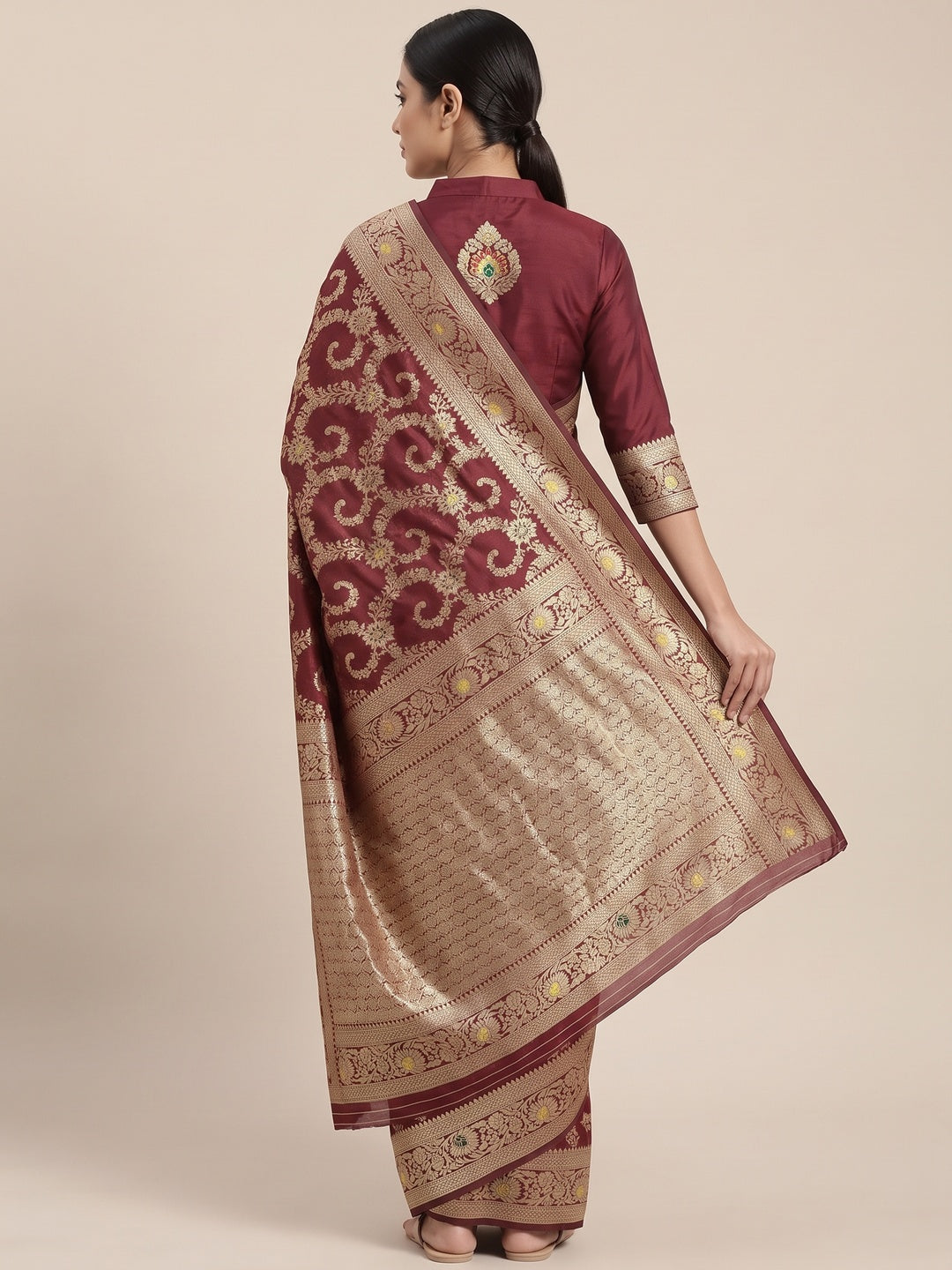 Wine Pure Silk Drape Featuring Traditional Heavy Zari Weaving for a Royal Look - Image 2