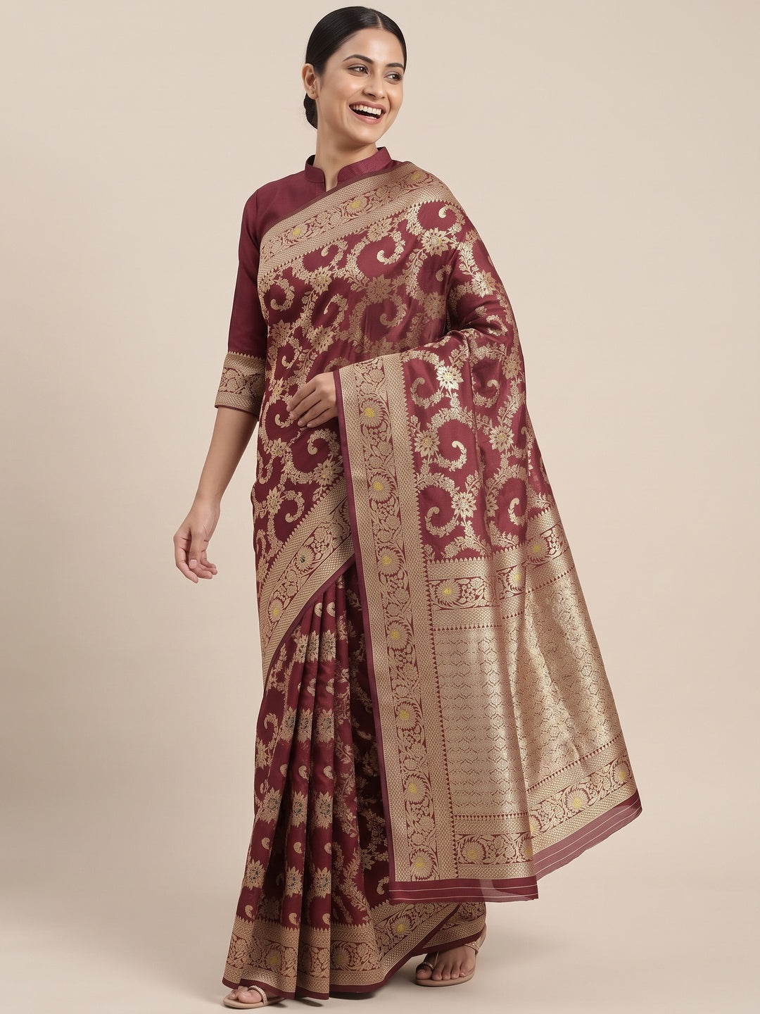 Wine Pure Silk Drape Featuring Traditional Heavy Zari Weaving for a Royal Look - Image 4