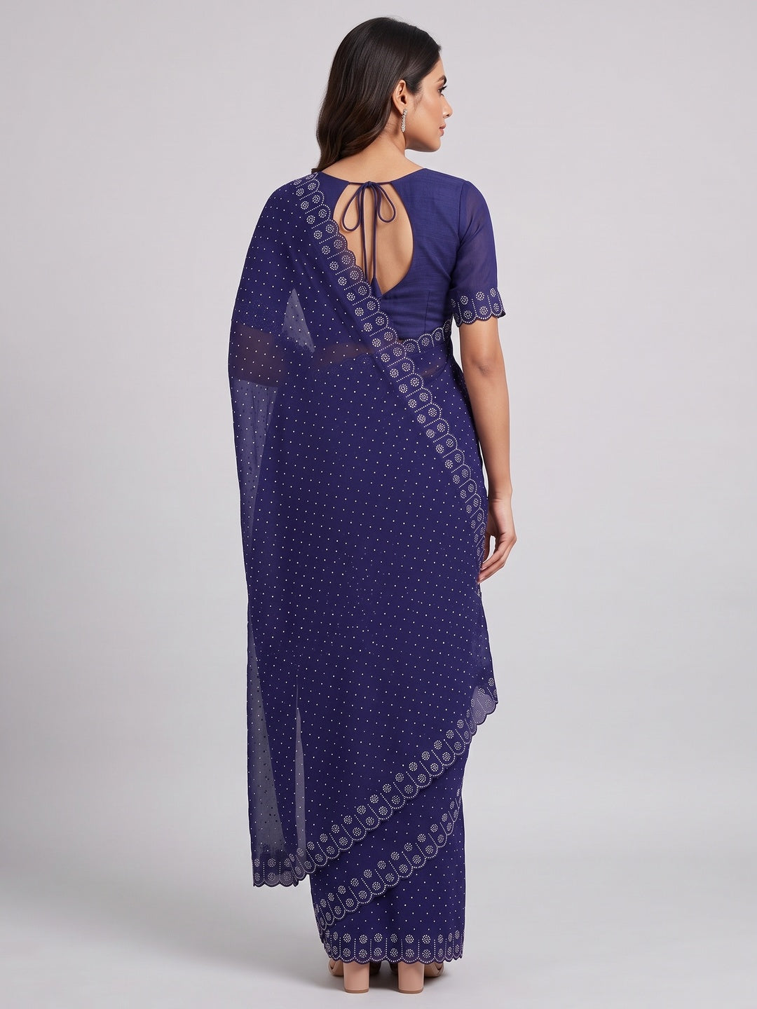 Chiffon Saree in Blue with Sparkling Stone Work Finish - Image 2