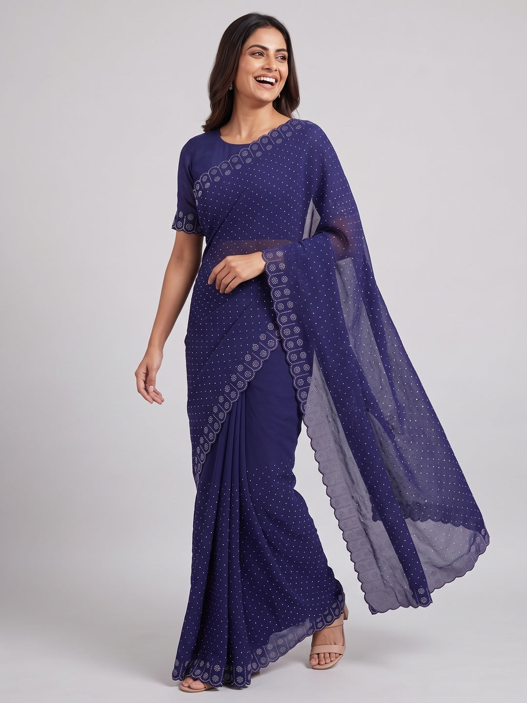 Chiffon Saree in Blue with Sparkling Stone Work Finish - Image 4