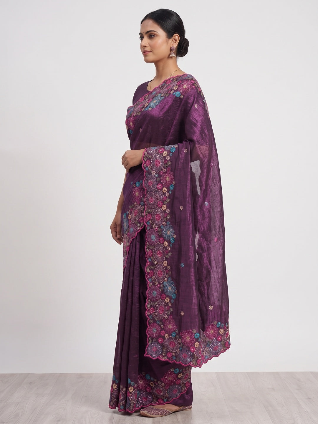Purple Sheer Chiffon Saree with Artistic Floral Sequins Work - Image 3