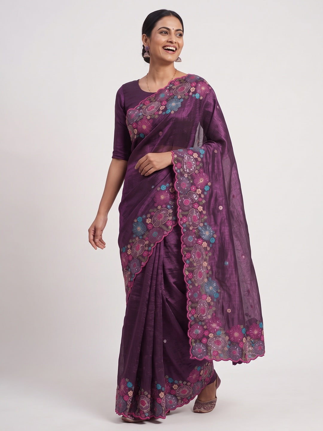 Purple Sheer Chiffon Saree with Artistic Floral Sequins Work - Image 4