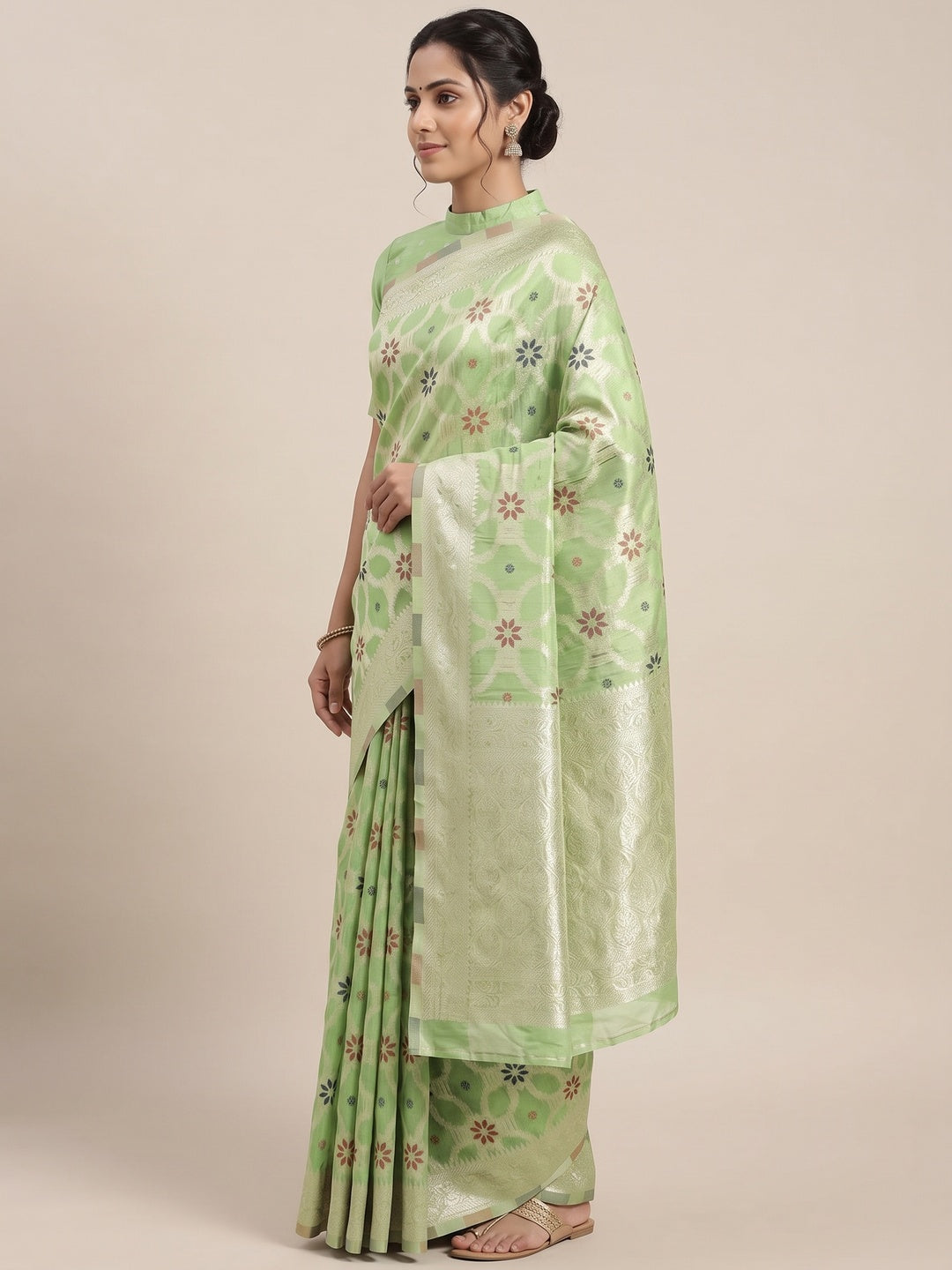 Rich Light Green Saree in Banarasi Silk with Heritage Floral Zari Design - Image 3