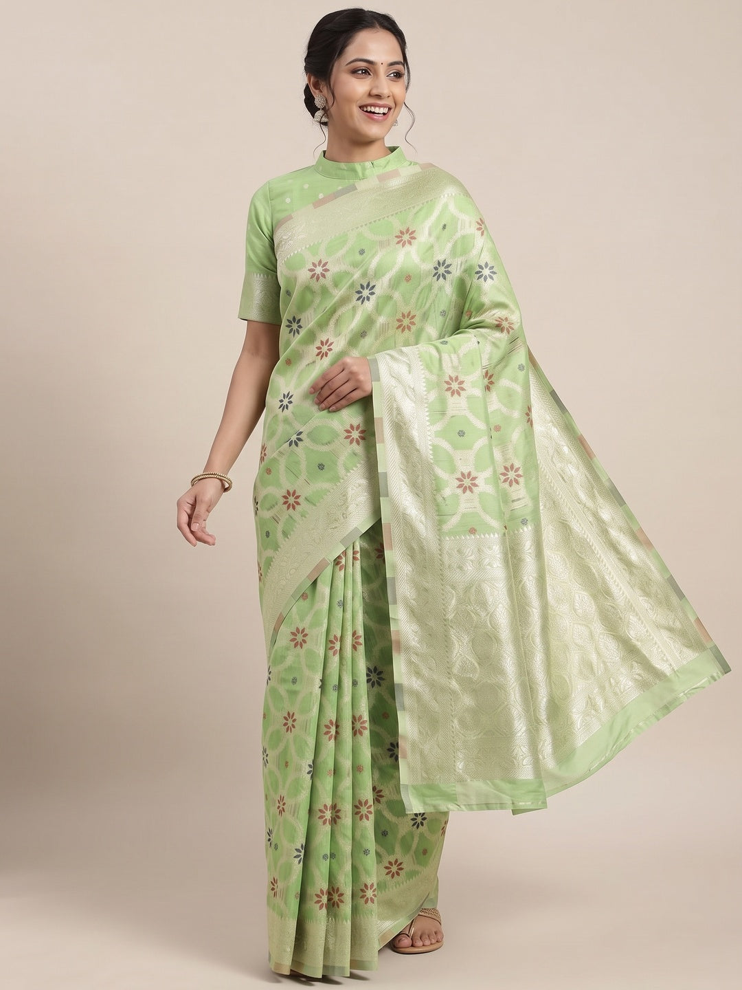 Rich Light Green Saree in Banarasi Silk with Heritage Floral Zari Design - Image 4